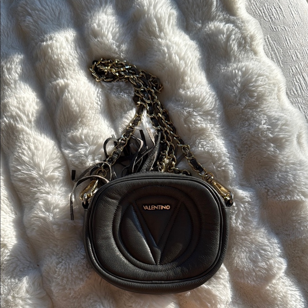 Valentino Black Quilted V Camera Crossbody with Gold Chain